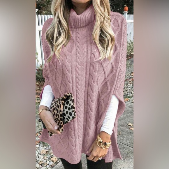 Cozy Pink Turtleneck chunky Cable Knit Poncho Sweater Top - Picture 2 of 6